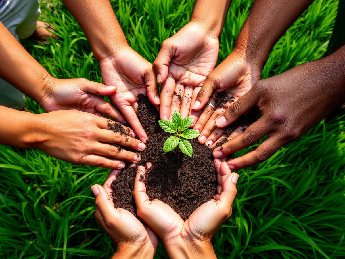 Hands holding soil with a young green seedling