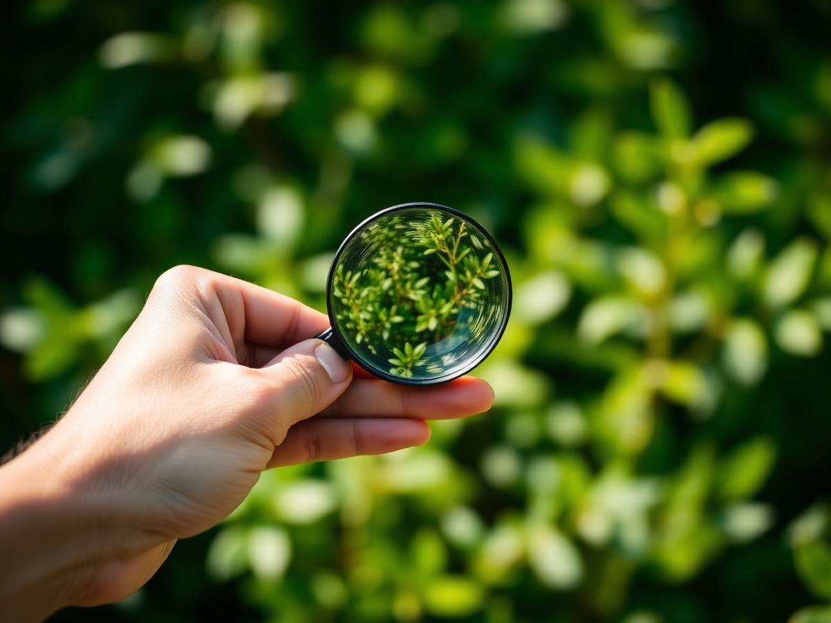 Magnifying glass held up to green foliage