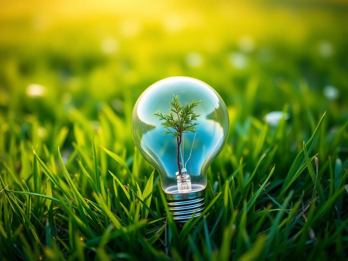 Light bulb resting on grass with a small tree growing inside it