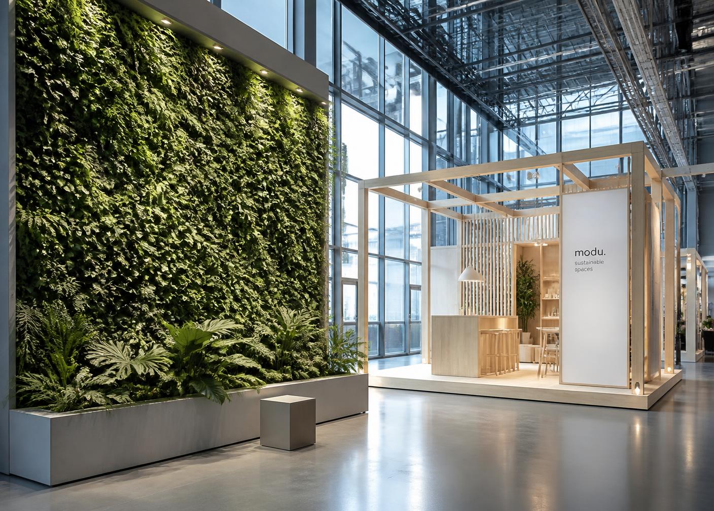 Living plant wall beside a modular timber exhibition stand