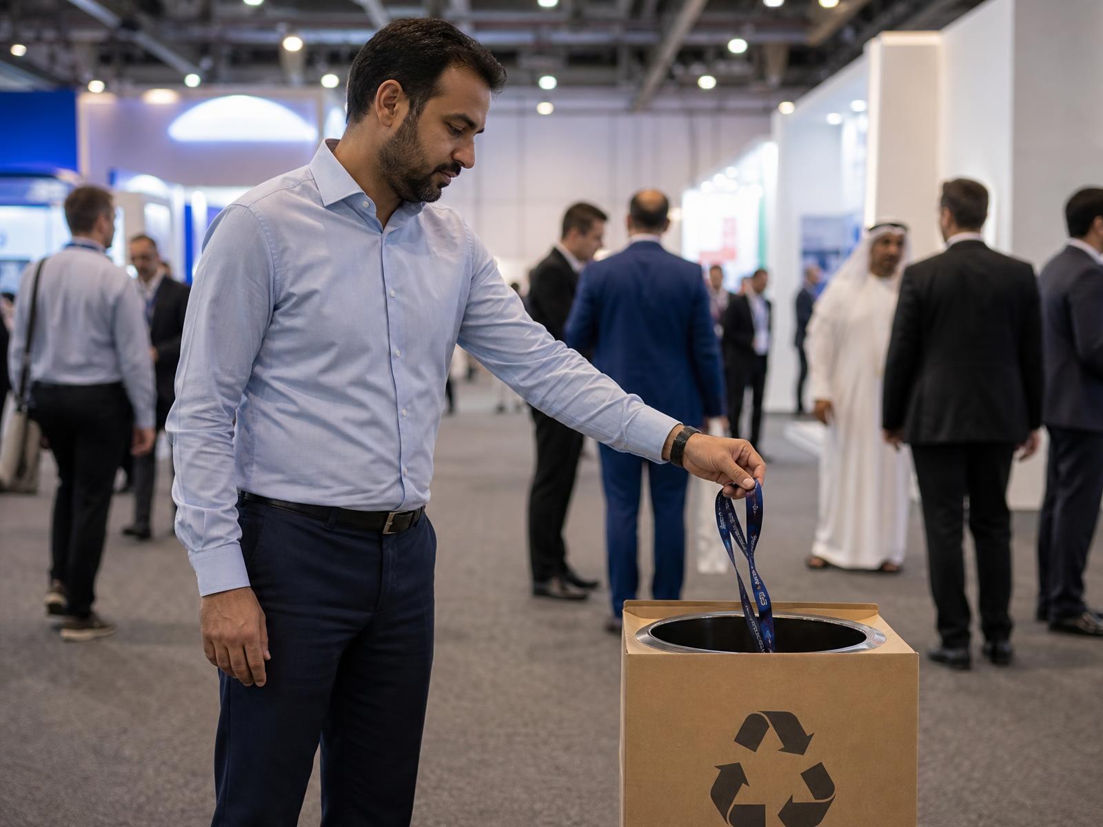 Exhibition attendee returning an event lanyard into a lanyard recycling collection box