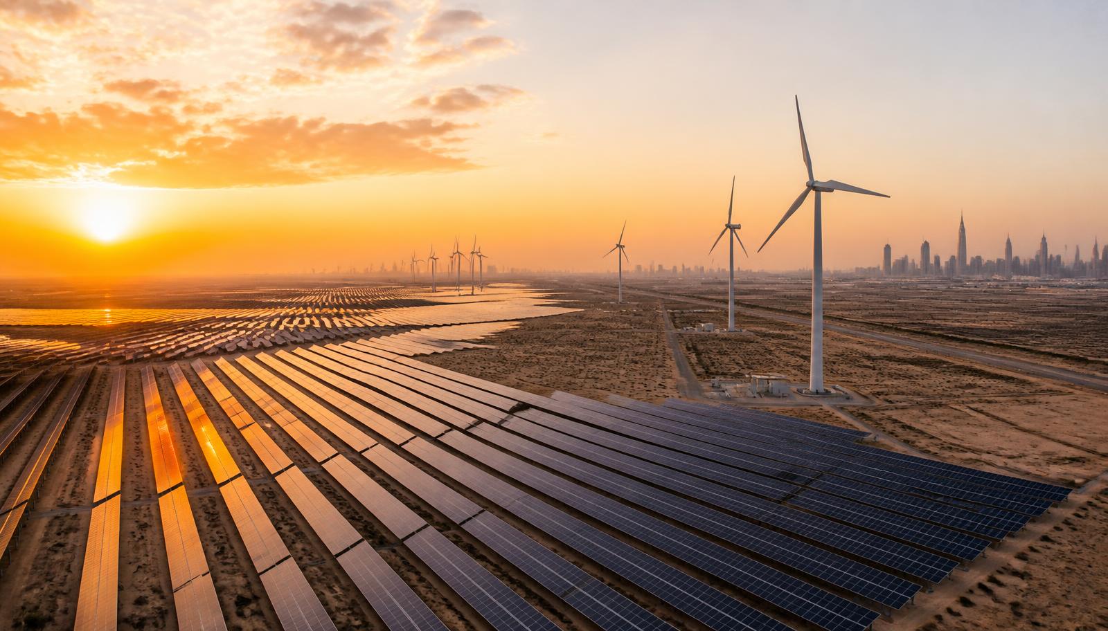 Solar farm and wind turbines in the desert outside Dubai at sunrise